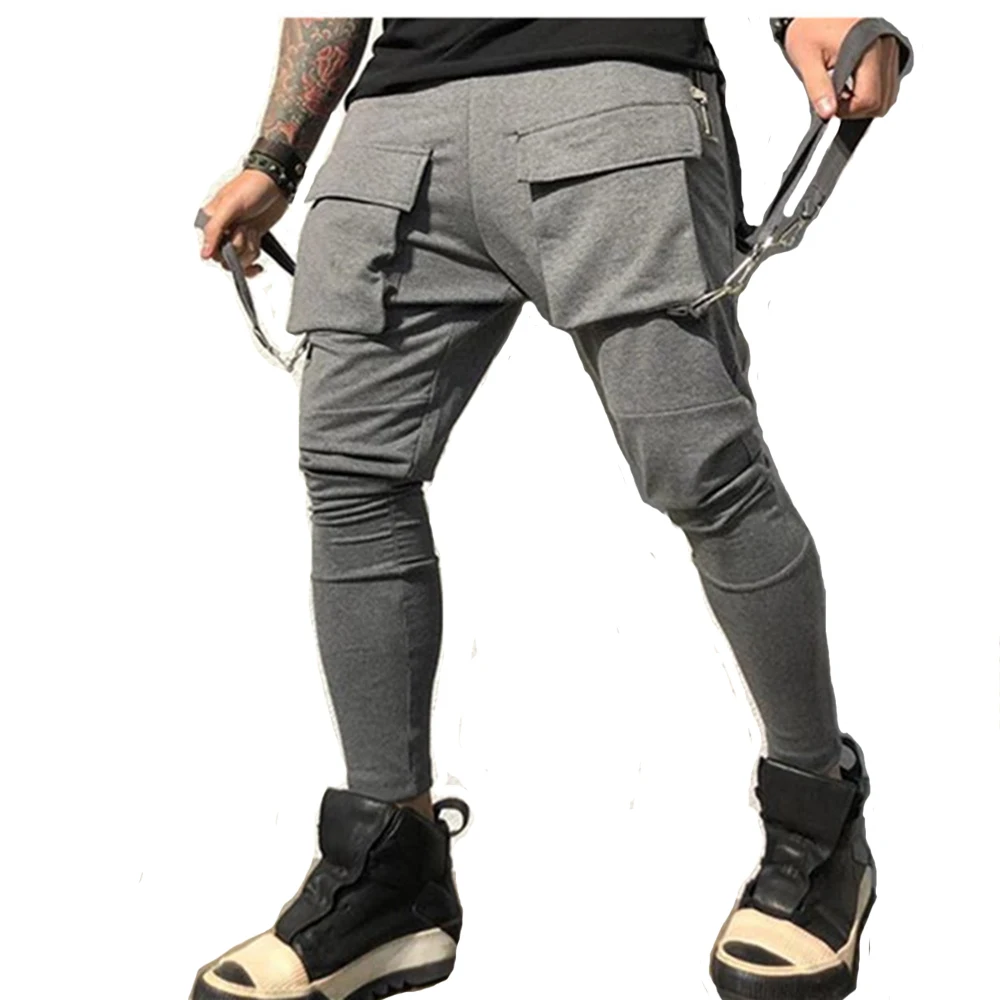 

Mens Hip Hop Trousers Cotton Sweatpants Joggers Chain Casual Slim Sport Training Grey Workout Fitness Big Pockets Cargo Pants