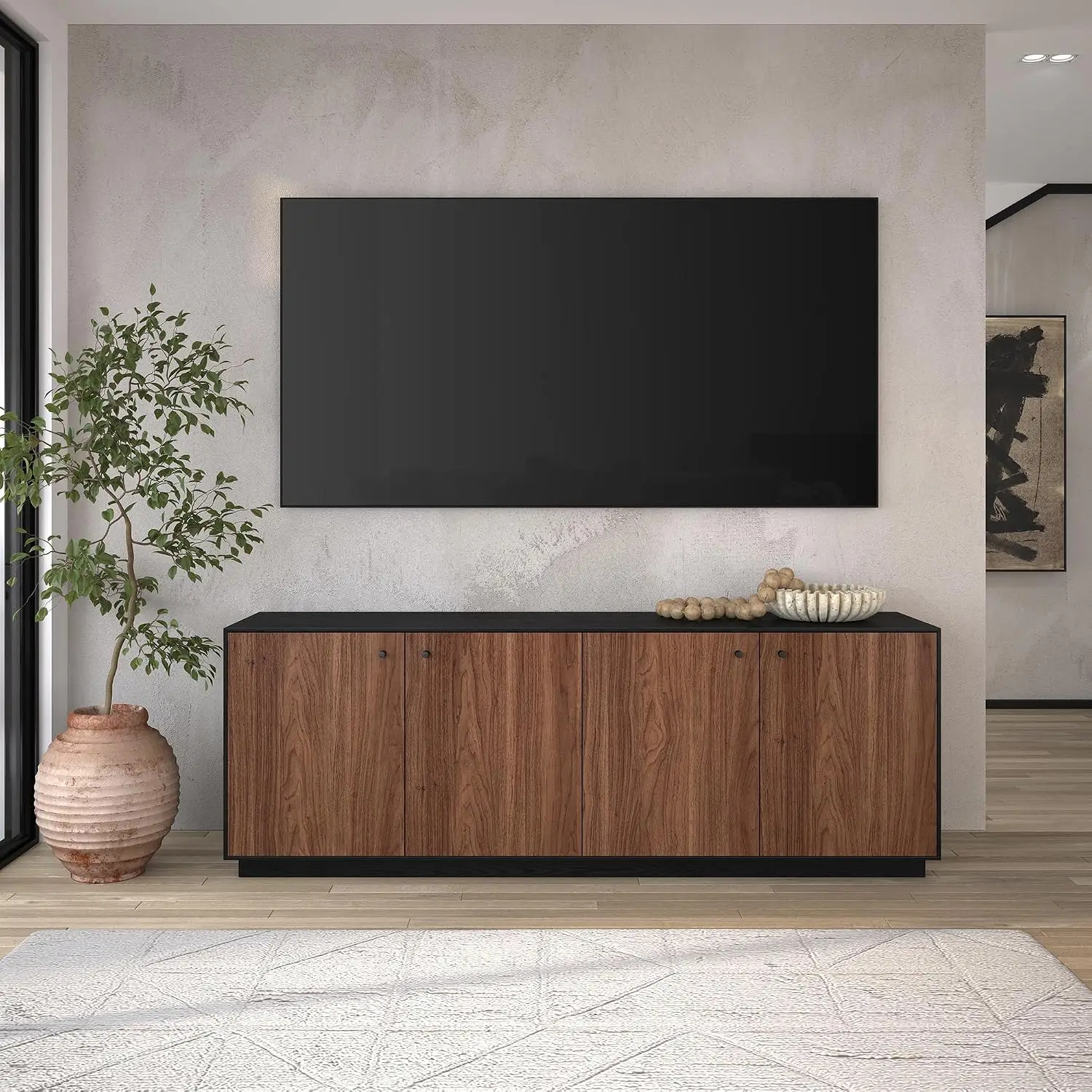 Minimalist TV Stand with Concealed Cabinets & Adjustable Shelves for Living Room, Fits TVs up to 75