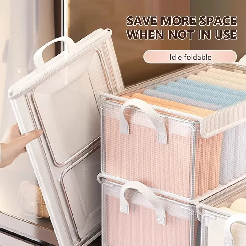 PVC Storage Bin with Lid Foldable Transparent Dustproof Stainless Steel Frame Wardrobe Organizer for Clothes Underwear Home Dorm