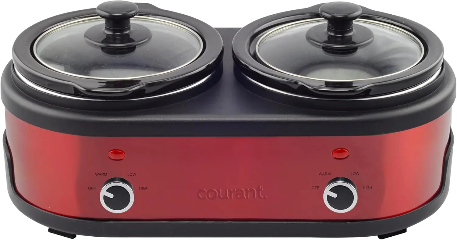 

3.2-Quart Double Slow Cooker (1.6-Qt each) w/Warm Settings, Stainproof Stoneware Pots and Glass Lids – Red Stainless Steel