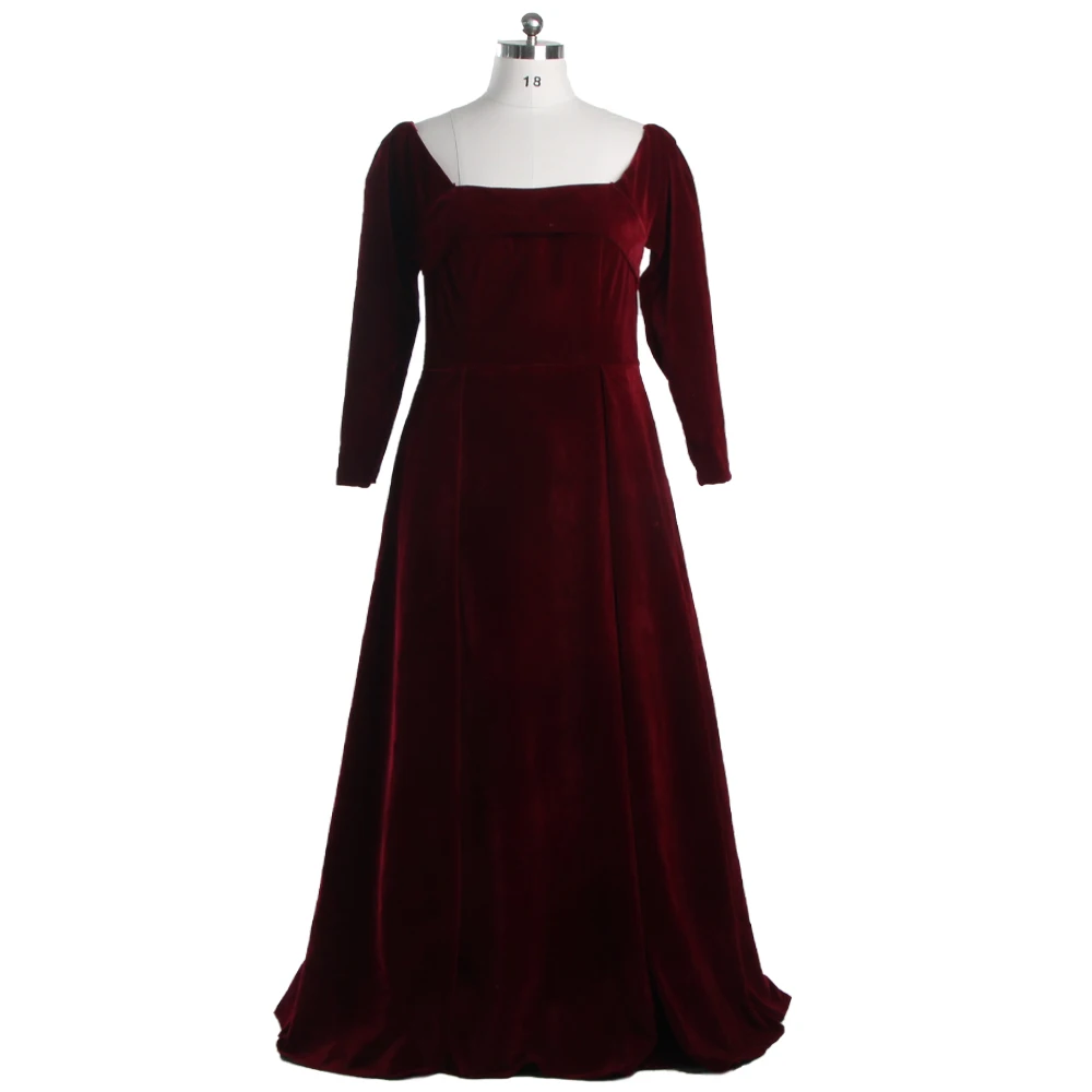 

Evening Dresses Burgundy Velour Simple Square Collar Full Sleeves Zipper Back A-line Floor Length Plus Women Party Dress B1924