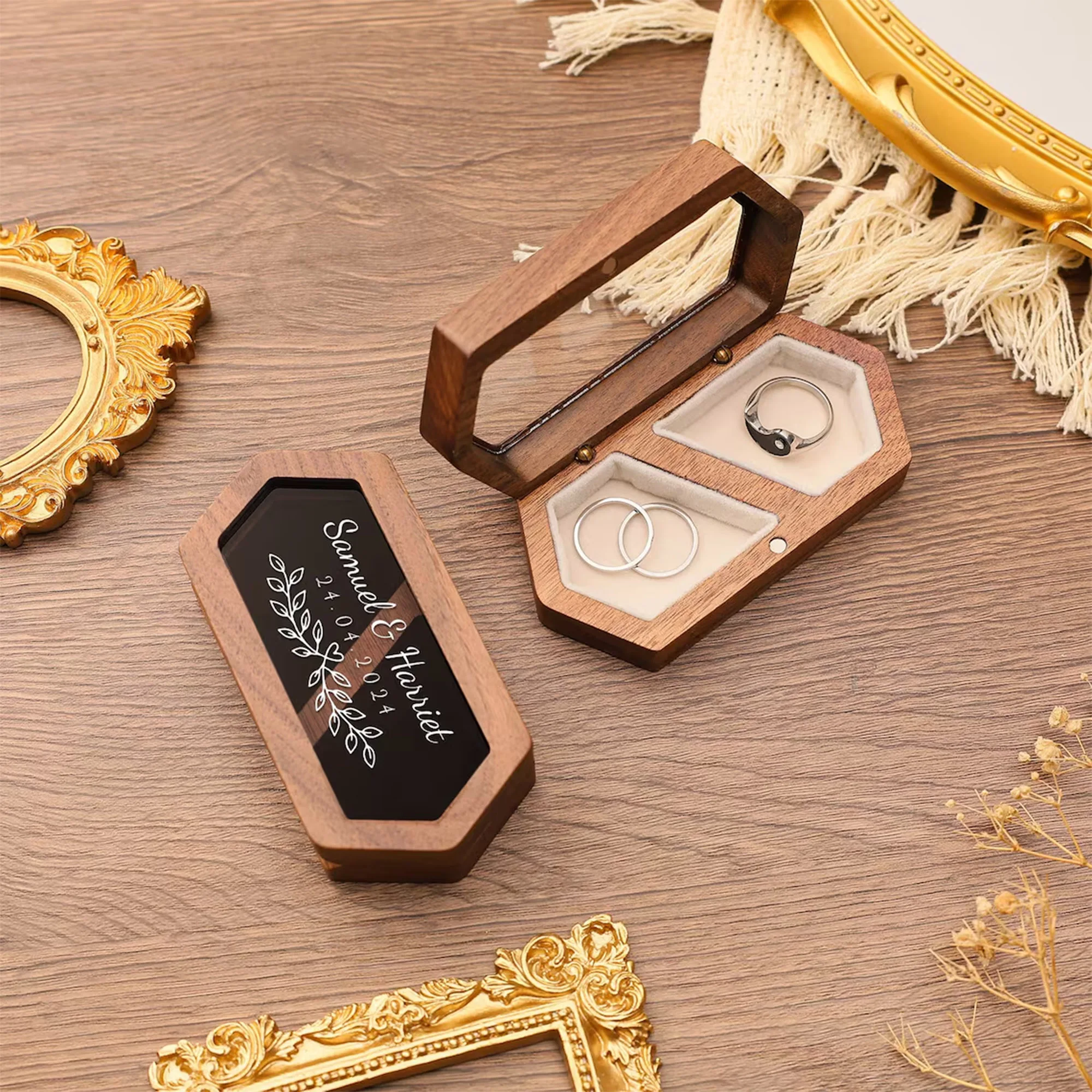 Custom Wood Ceremony Ring Case Velvet Ring Bearer Ring Box Ring Holder Gift for Couples Brides and Grooms Anniversary Gift