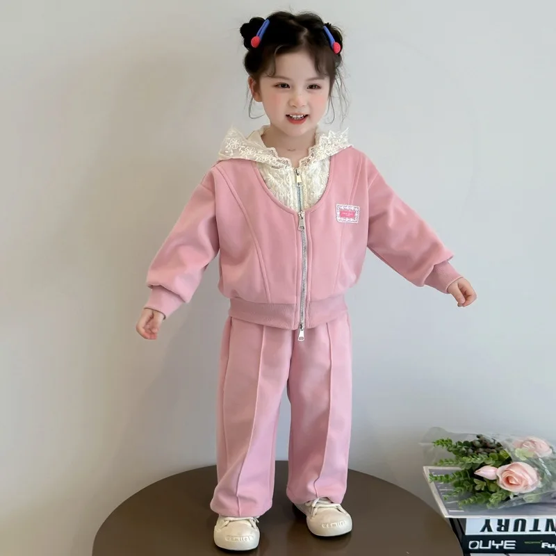 2025年秋新作 子供服 韓国風 女の子 ベビー レースパーカー フェイクツーピース パーカーパンツ カジュアルスーツ