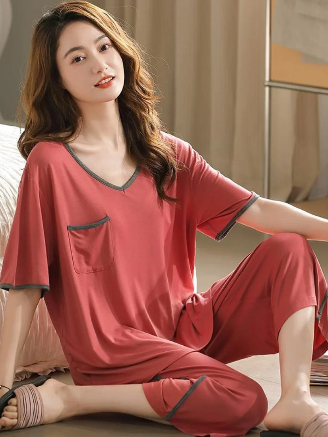 

Casual Style V-Neck Short Sleeve Seven-Foot Pants Sleepwear Set Loose Thin Women's plus Size Home Clothes Suitable for Outdoor
