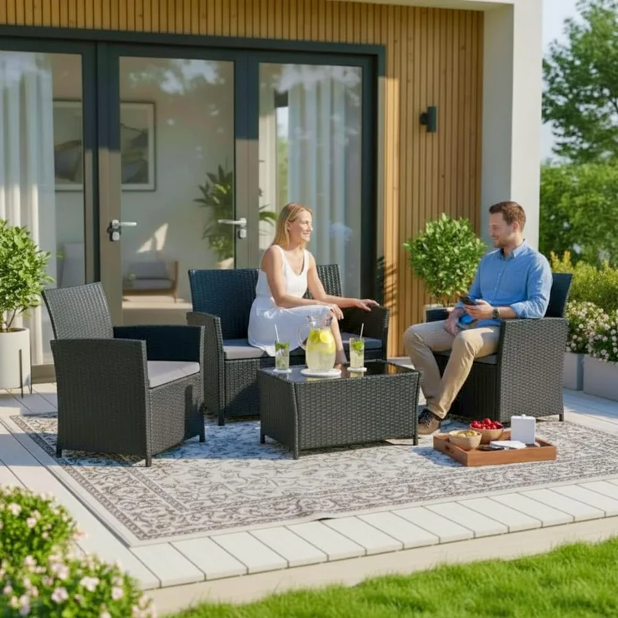 مجموعات أثاث الفناء الخارجي المكونة من 4 قطع للفناء الخلفي للشرفة: طقم أريكة متينة للمحادثة من الروطان مع لمسة نهائية باللون الأسود والرمادي نحن #3