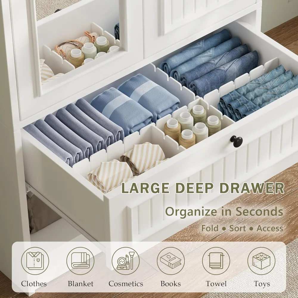 خزانة ملابس خشبية مع باب ودرج مرآة، خزانة تخزين لغرفة النوم ببابين لتعليق الملابس، باللون الأبيض #4