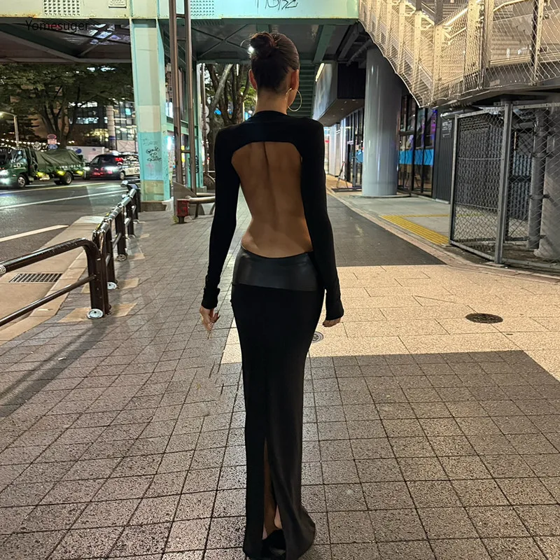 Yomesugar セクシーな中空アウト長袖マキシドレス女性ガウンエレガントな黒ディープ V ネックバックレスボディコンパーティードレスクラブウェア