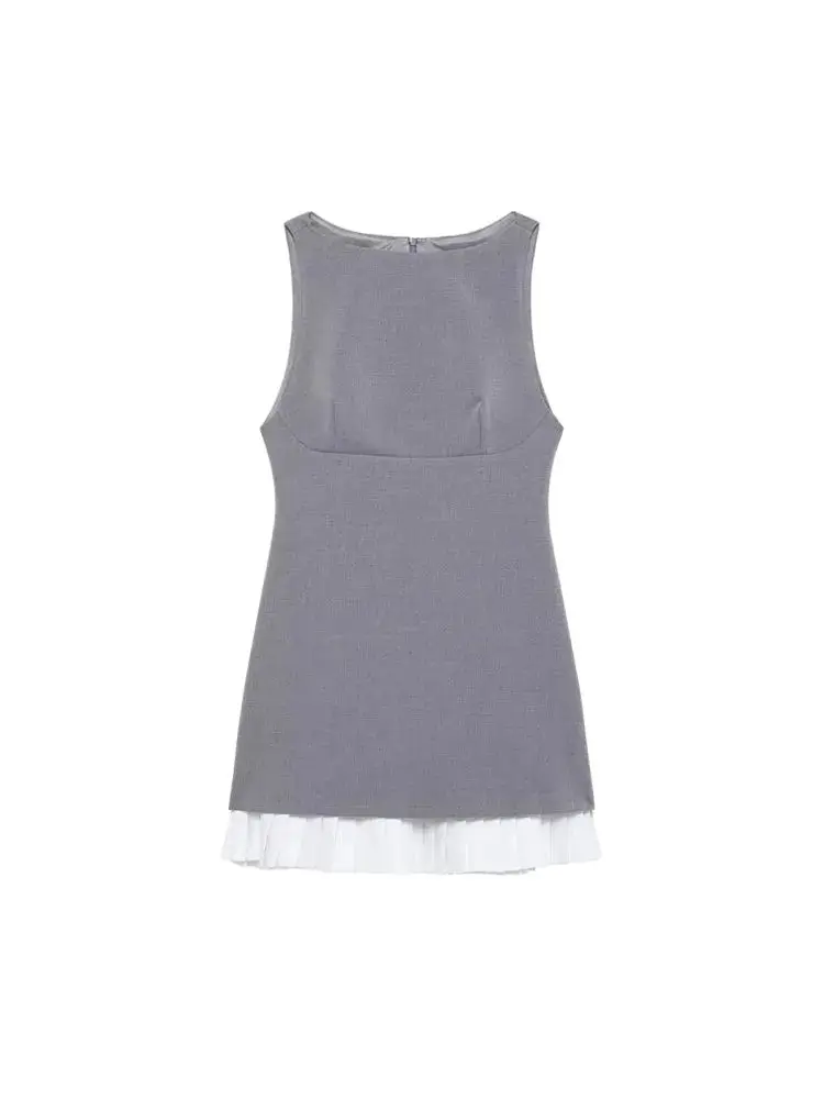 Frauen Mode Patchwork Plissee Mini Kleid Boot-ausschnitt Ärmellose Weibliche Kleider Vestidos Mujer