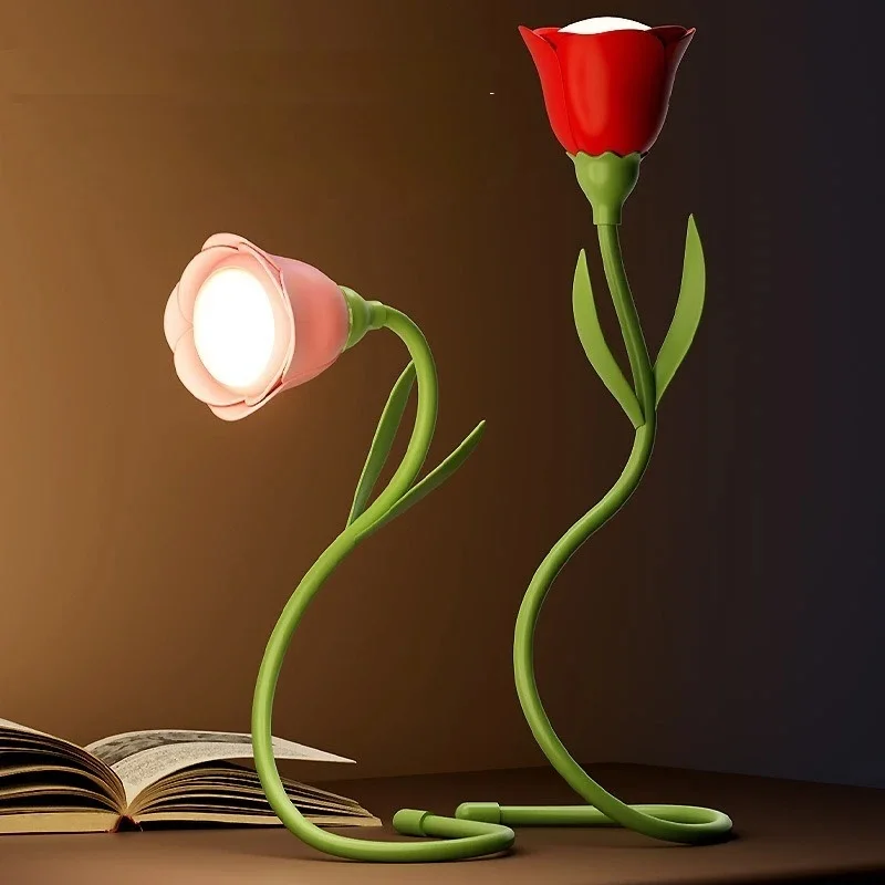 Rose LED Desk Lamp 360-degree flexible gooseneck design Unique rose silhouette Dimmable night light Perfect gift for girls