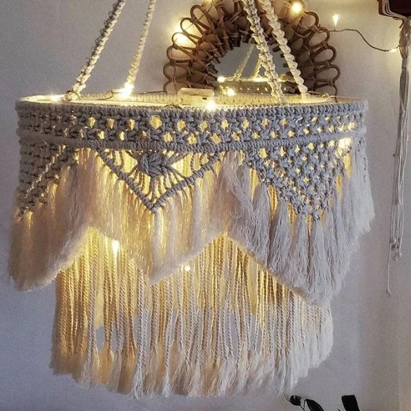Handwoven Bohemian cotton rope night lampshade tapestry living room sofa side lamp bedroom model room lighting decorations