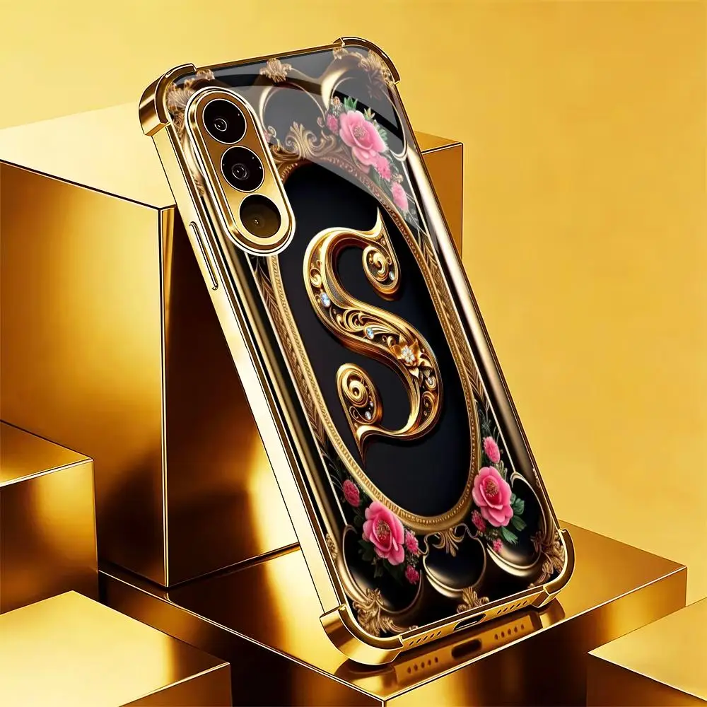 S letter electroplated glass phone case suitable for Samsung Galaxy S26 S25 S24 S23 S22 S20 FE/Ultra/Plus anti drop back cover