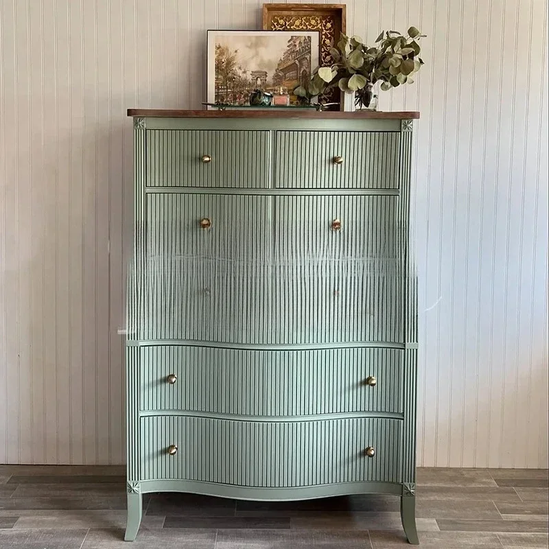 TTFrench Retro Solid Wood Chest Villa Bedroom Contrasting Color Storage Cabinet American Living Room Decorative Cabinet
