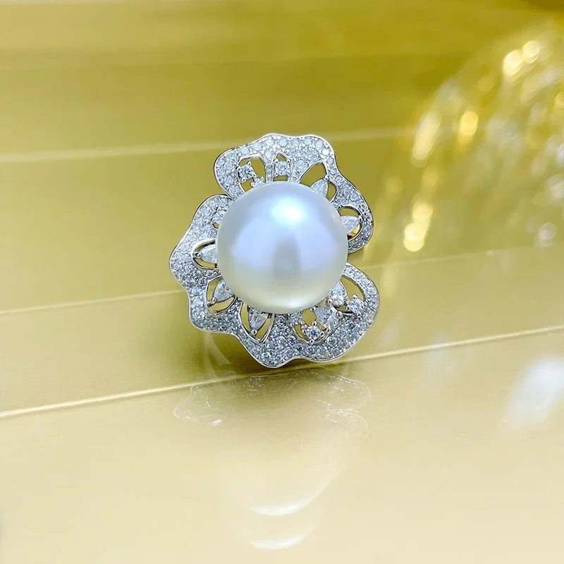 Luxury Australian white pearl 925 sterling silver ring with a high-end feel, 14mm round aurora pearl, elegant temperament