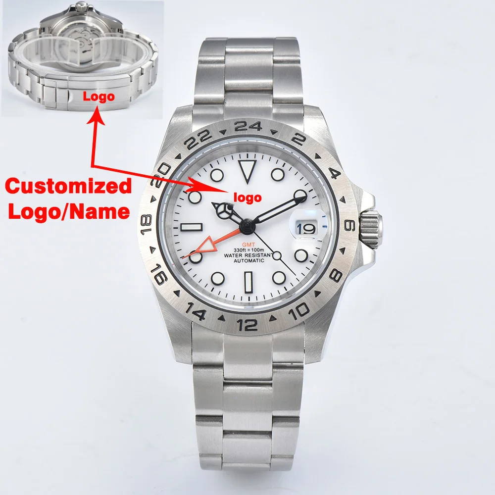 

Мужские часы по индивидуальному заказу GMT с сапфировым стеклом, механизм NH35, серебряный корпус из нержавеющей стали, модные часы 40 мм