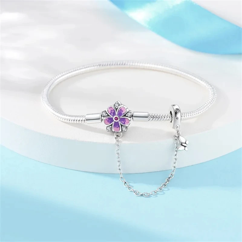 New 925 Sterling Silver Colorful Flower Butterfly Daisy Bracelets With Safety Chain Fit DIY Charms Beads Fine Birthday Jewelry