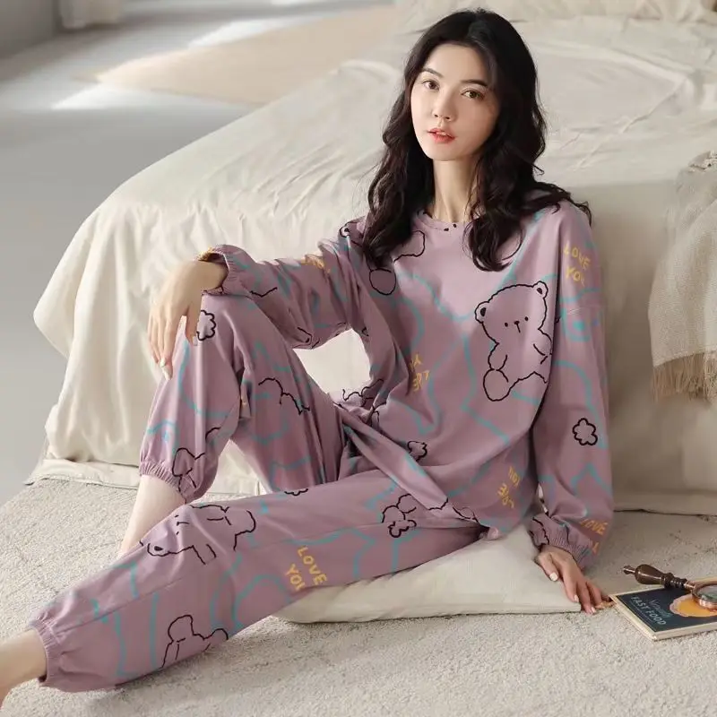 New style pajamas for women, spring and autumn, long-sleeved, Korean style, loose round neck, can be worn outside, home wear set