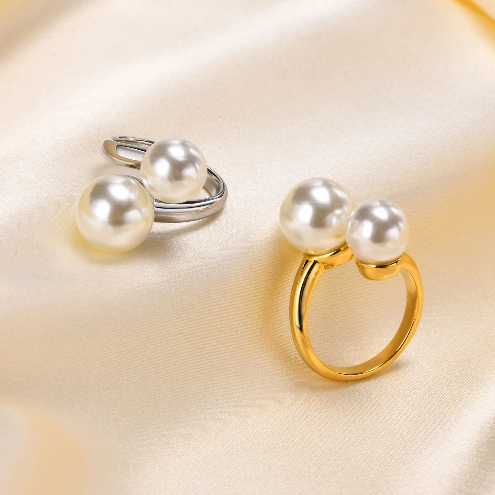 Chic Gold Color Simulated Pearl Ring, Dainty Opening Adjustable Size Stainless Steel Finger Band Rings