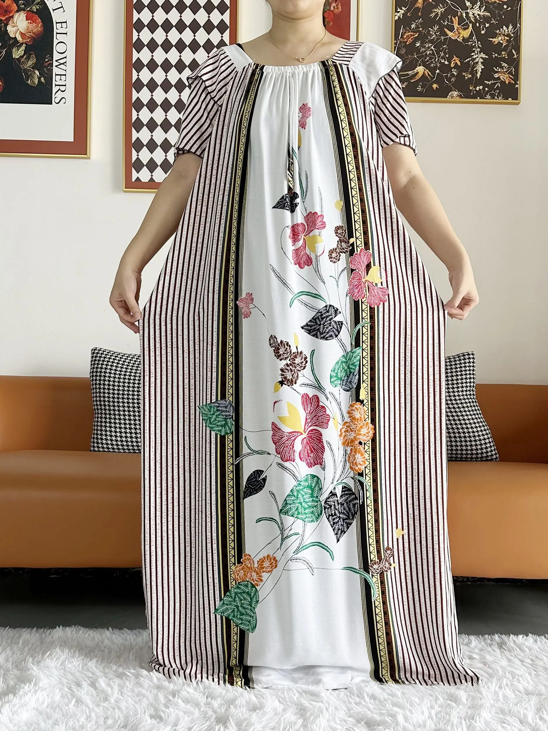 Abaya-Vestido largo de manga corta para mujer, ropa de Abaya africana, holgada, con cuello Barco, Floral, para verano, 2023