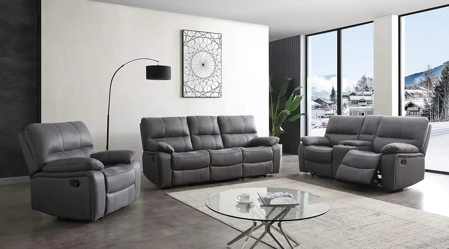 Microfiber Reclining Sofa Couch Set Living Room Set 8007 (Grey, Sofa+Loveseat+Recliner)