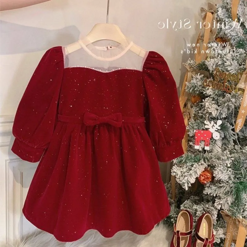 

2024 Winter Girls Beautiful Sequins Red Dress Gold Velvet Fashion Beaded Birthday Princess Dresses Kids Children Vestidos Cloths