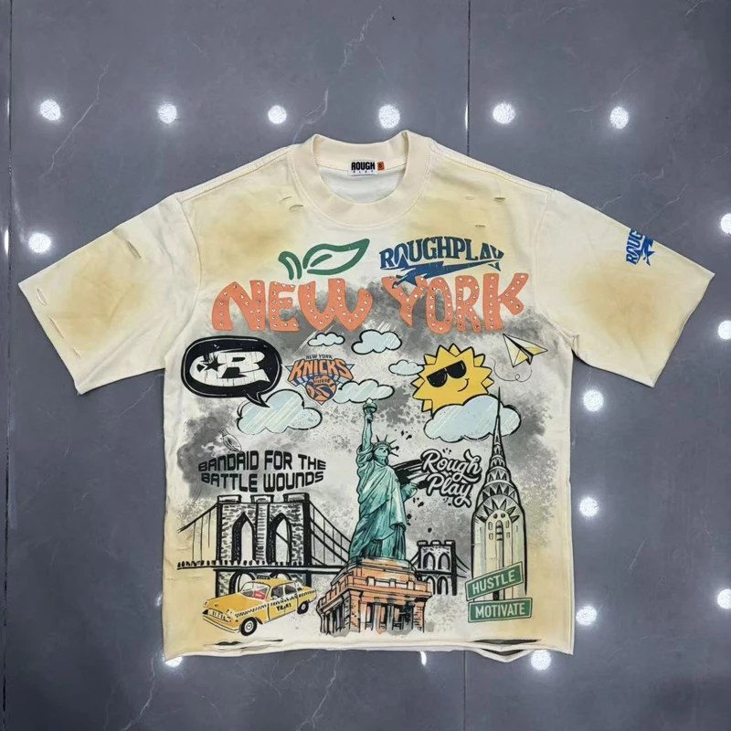 American Style Fashion Casual Roughplay Short Sleeved Top High-quality Personalized Rhinestone Damaged T-shirt Stock