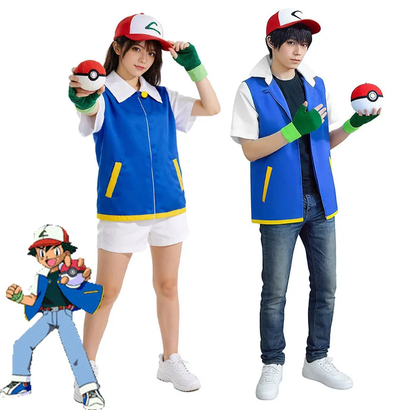 Disfraz de Ash Ketchum para Niños y Niñas, Chaqueta Azul de Anime 2026, Gorra, Guantes, Traje de Ash para Halloween, Disfraz de Cosplay
