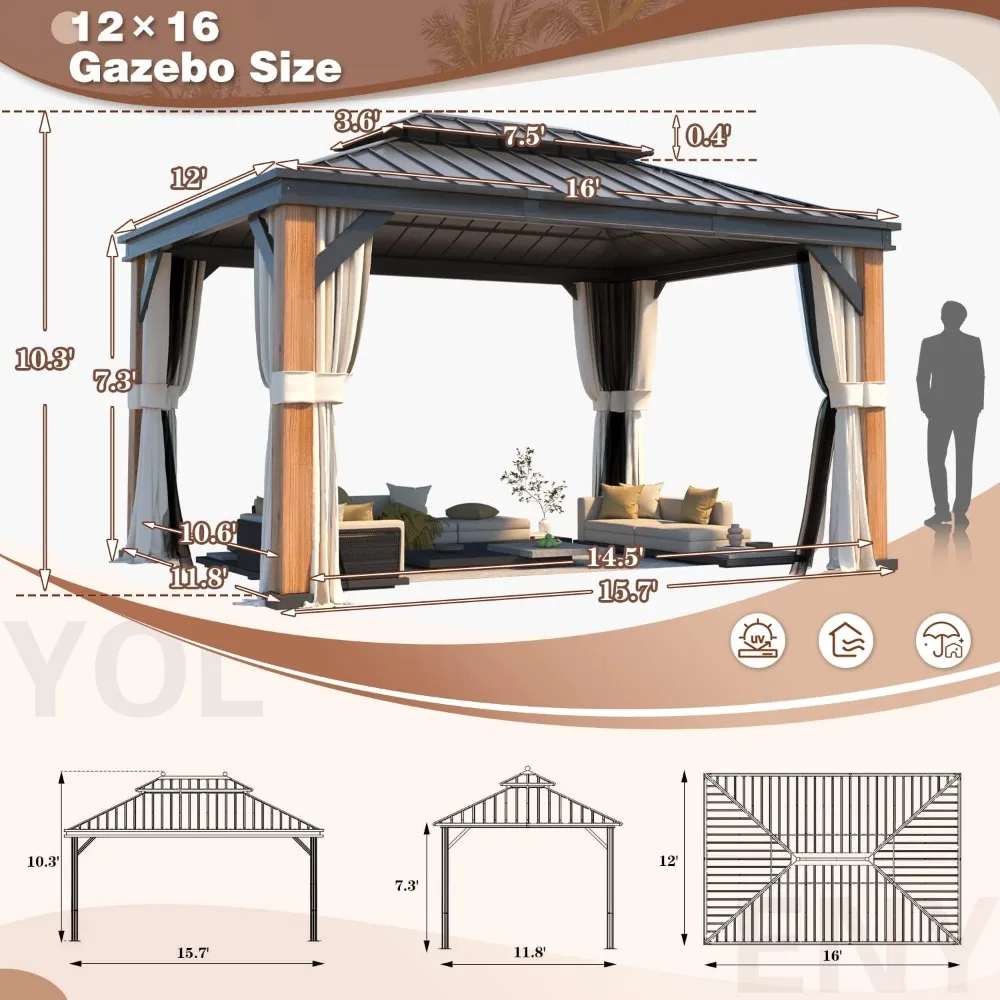 12'x16 'thick artificial wood grain aluminum frame hard top pavilion, outdoor pavilion with mesh and curtains for free delivery