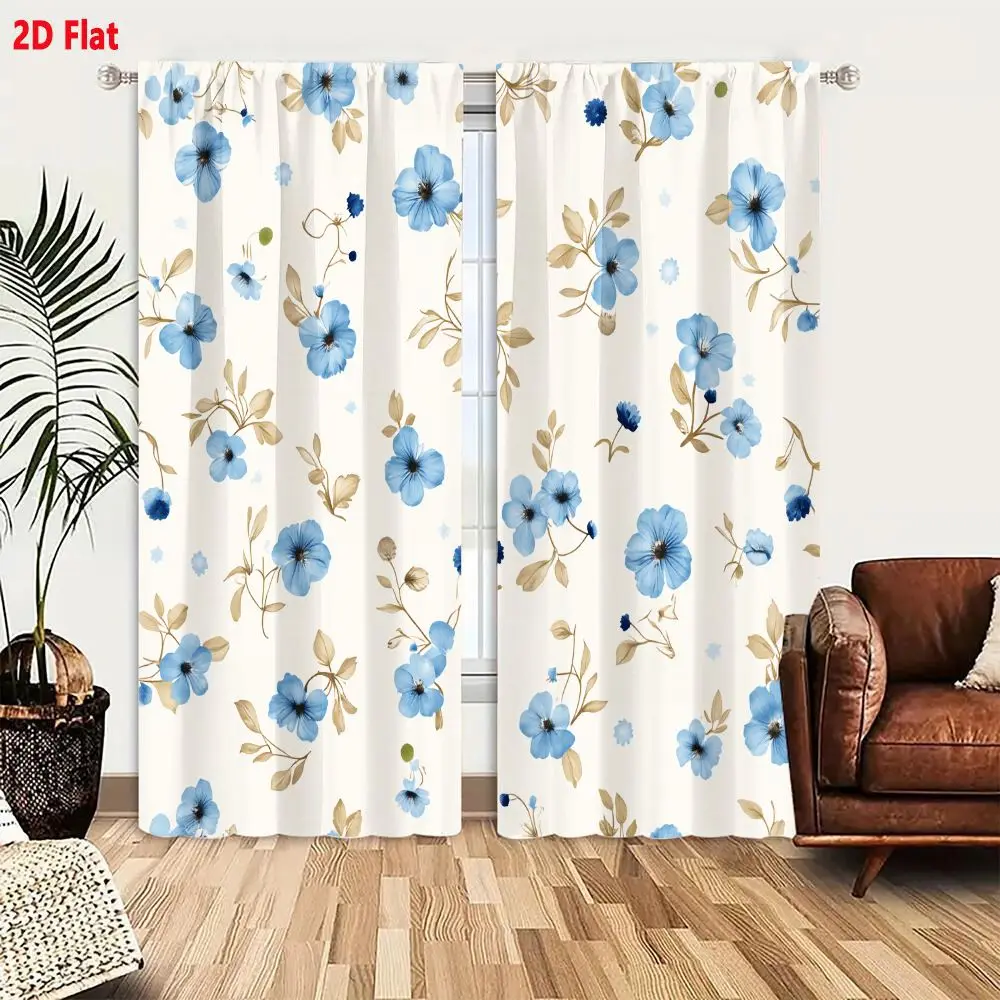 2Pcs Curtains 2D Flat Seamless Floral Pattern On Light Cream Background With Delicate Hand-Drawn Blue Flowers And Muted Beige St