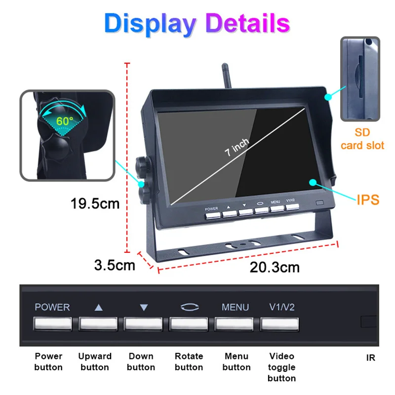 Tela sem fio do monitor do carro, monitores reversos do veículo, invertendo a câmera, monitor do carro para o auto caminhão RV, 7"