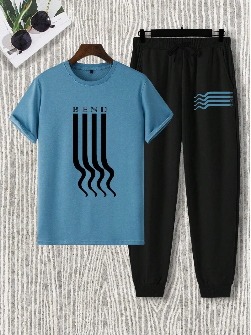 Trendy Mens Two Piece Curved Stripe Printed Round Neck Short Sleeve Long Pants Set Comfortable and Breathable Daily Wear