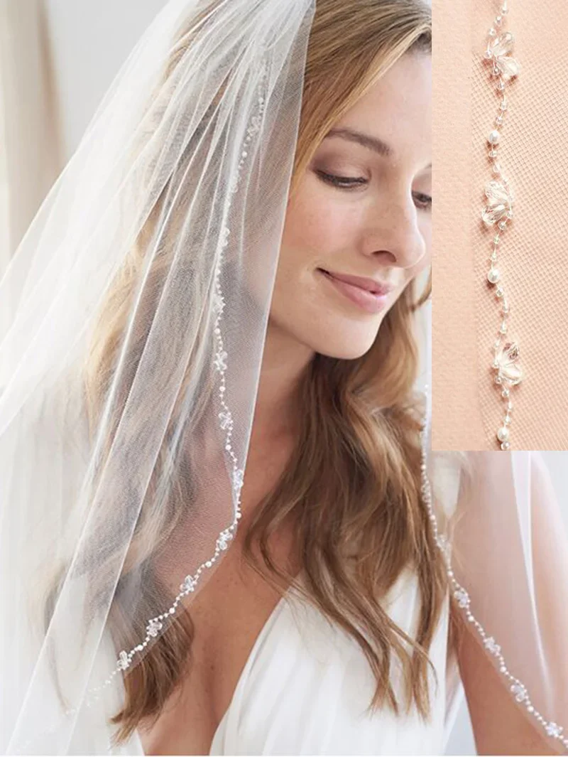 White/ Lvory 1 Tier Fingertip Wedding Veils Crystal & Pearl Bridal Veil with Comb Bridal Accessories Velo De Mantilla