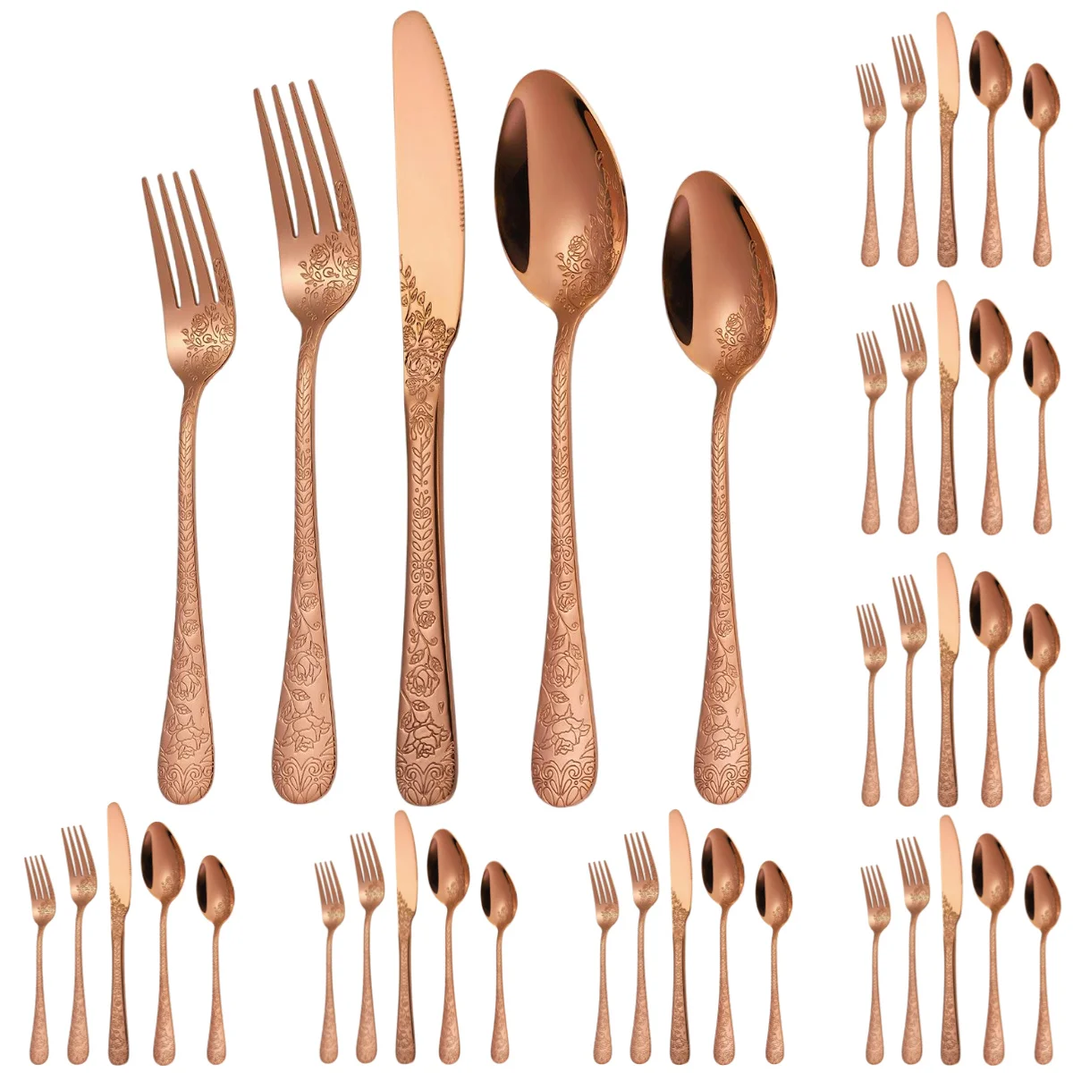 Rose Gold Floral Flatware Set for 8 Stainless Steel Silverware 40 Piece Eating Utensils Cutlery for Home Parties Festival