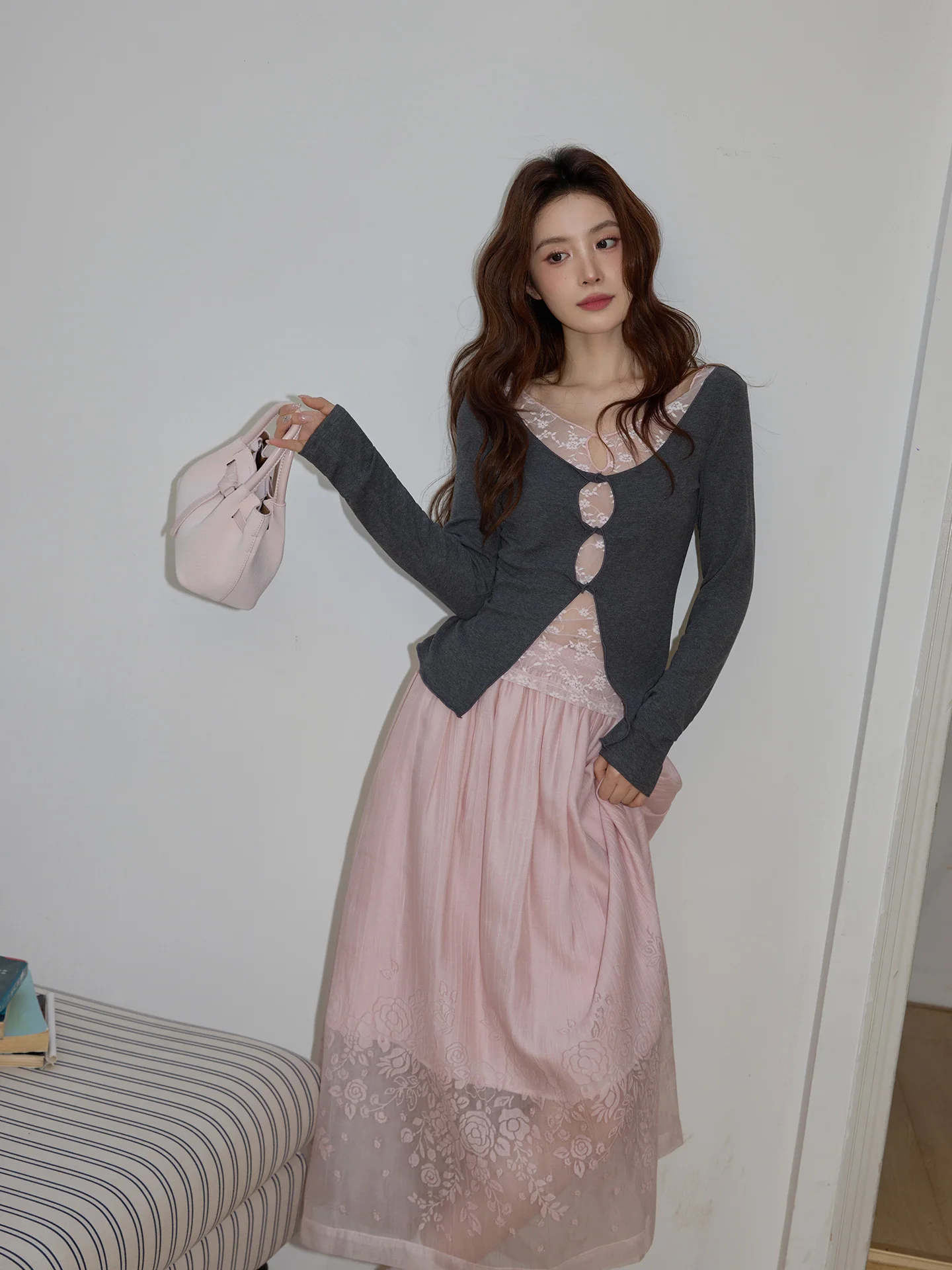 

Pink Lace Thin Knitted Summer Holiday Women's Skirt Set Two-Piece Set Spring Fashion Casual Breathable Comfortable Nylon Poly...