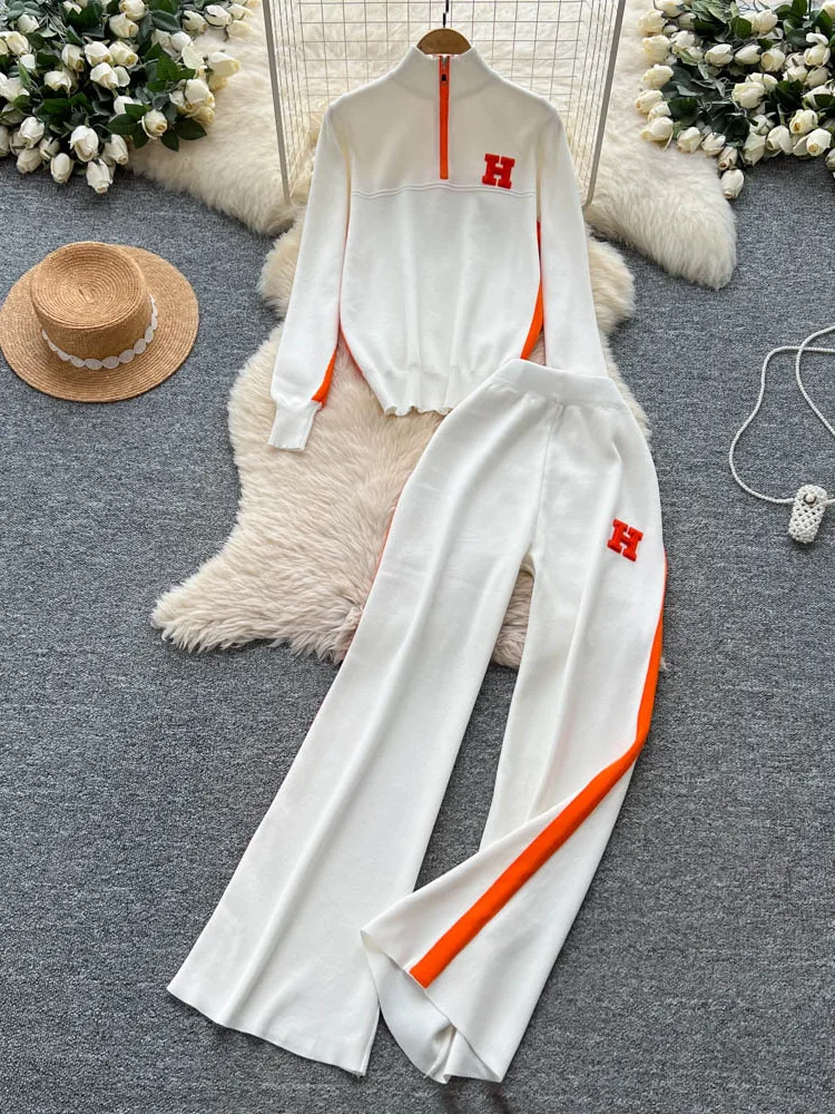 Spor Casual Outfit Women's Autumn Design Contrast Color Letter Embroidery Stand Collar f Zip Knitted Top Wide Leg Pants