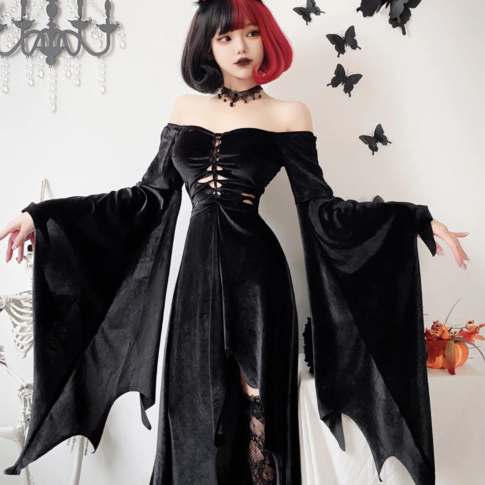 2024 European and American dark gothic halloween costume witch long dress vampire reaper black dress