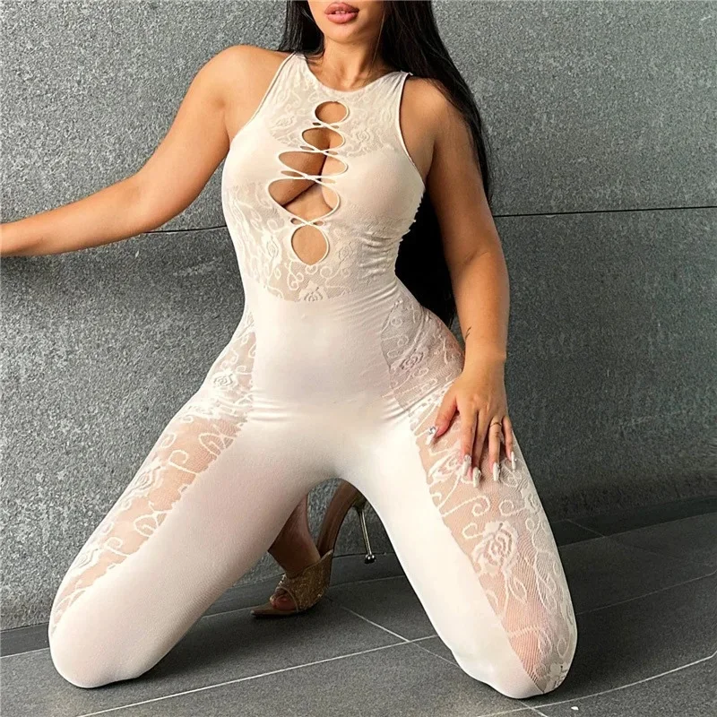 sleeveless Long Sleeve Backless Jumpsuits Sexy Deep V Skinny Rompers transparent Fashion Light Night Party Jumpsuit For Women