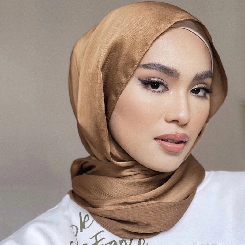 Écharpe Hijab en Satin Froissé pour Femme Musulmane, Châle en Mousseline de Soie, Uni, Respirant, Islam, Turban Plissé, Ramadan