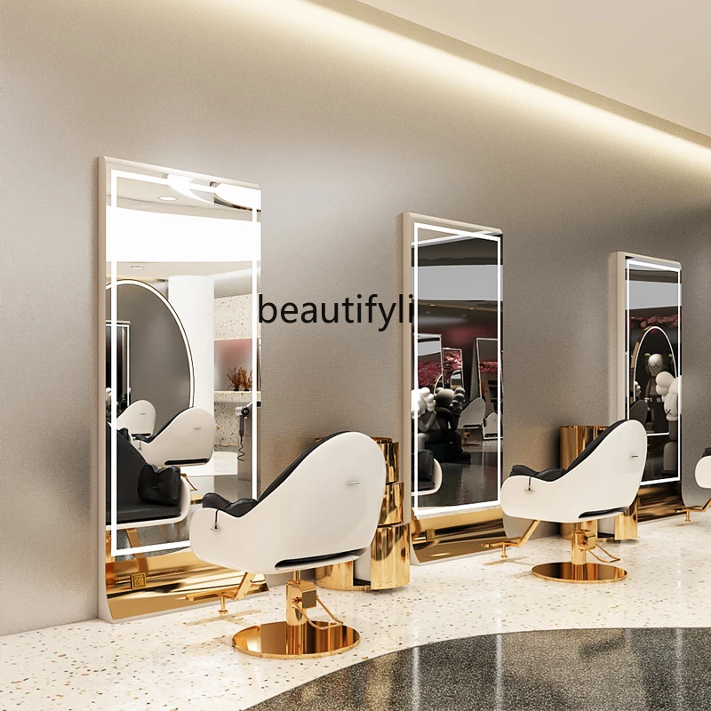 Barber Shop Dressing Table Stainless Steel Floor Single-Sided Double-Sided Hair Cutting Mirror with Light for Hair Salon Mirror