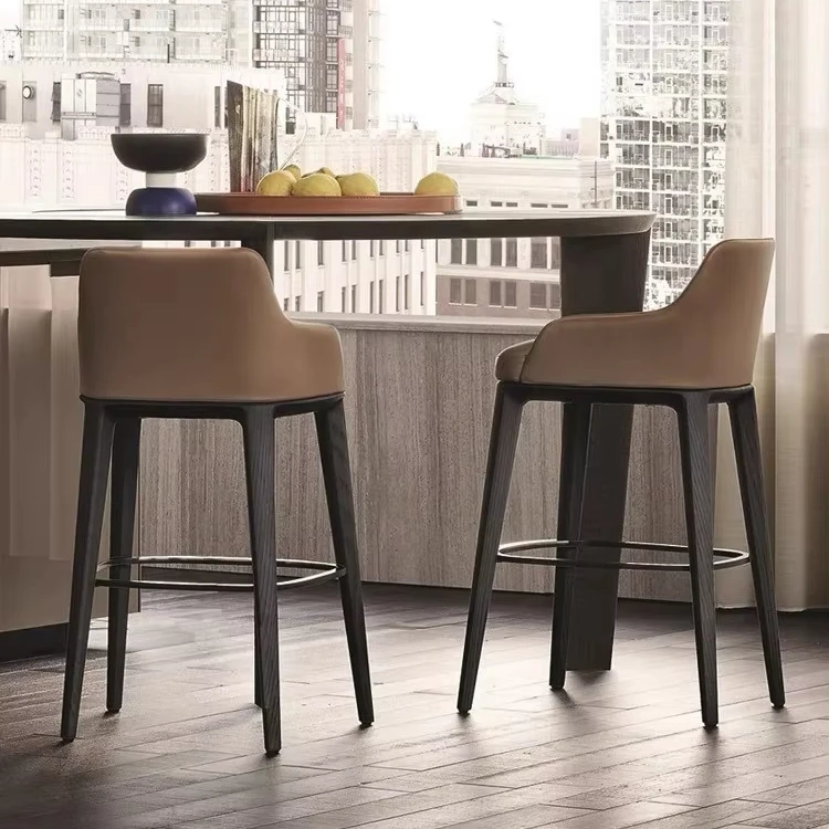 เก้าอี้บาร์ดีไซน์หรูหราทันสมัย นั่งสบาย ทนทาน หนังสังเคราะห์ ออกแบบตามหลักสรีรศาสตร์ โครงไม้ เก้าอี้สูงสำหรับใช้ในครัวและร้านอาหาร