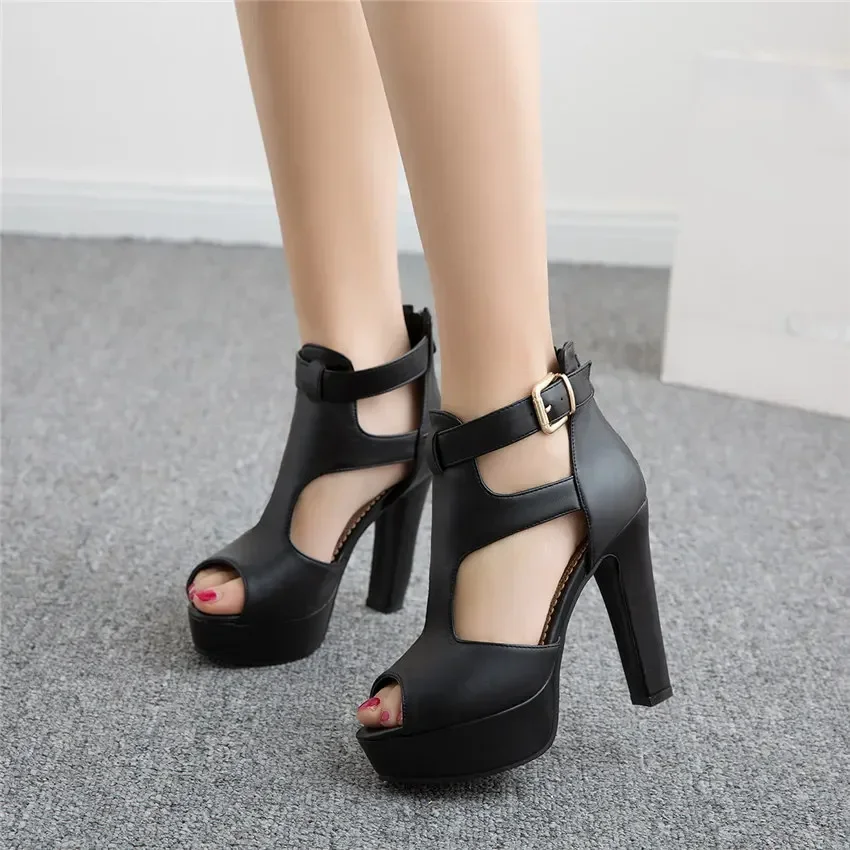 Fashion Gladiator Women Sandals White Yellow High Chunky Heels Party Office Ladies Peep Toe Zipper T-strap Buckle Platform Shoes view 5