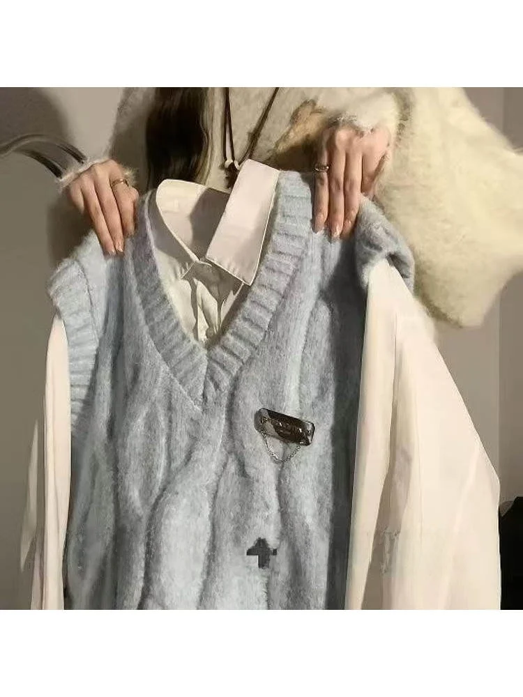 

Вязаный свитер и жилет для колледжа, комплект ранней весны, верхняя одежда, вязаная майка, вязаный женский ансамбль Faion