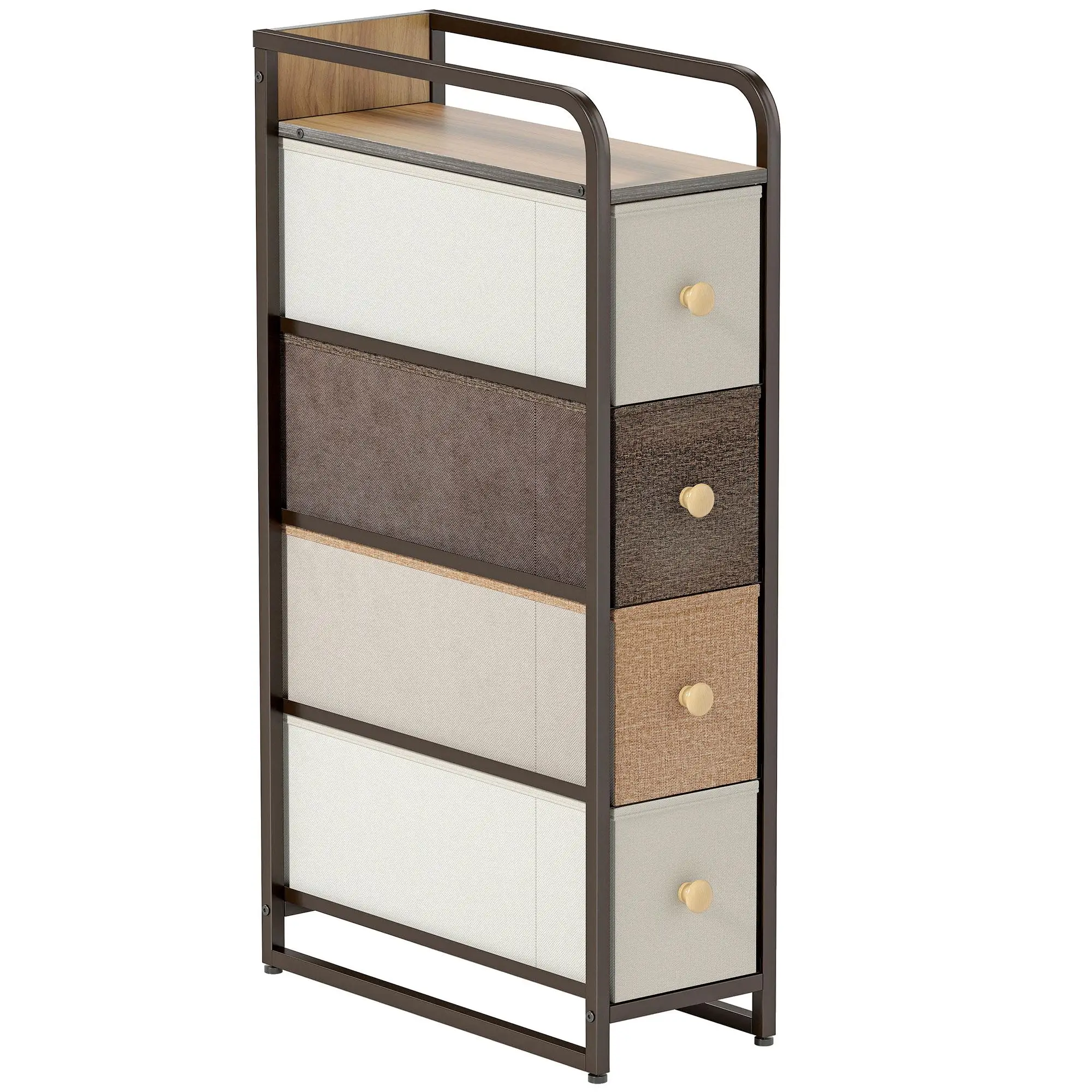 Commode 4 tiroirs en tissu, cadre en acier, marron mixte, pour chambre à coucher et salon, rangement stable.