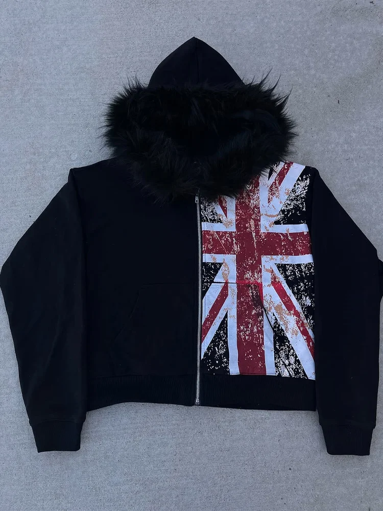 Damen-Winterjacke Retro Gothic Grafikdruck Pelzkragen Loser Reißverschluss-Sweatshirt Amerikanischer Harajuku Punk Casual Hoodie – Detail 2