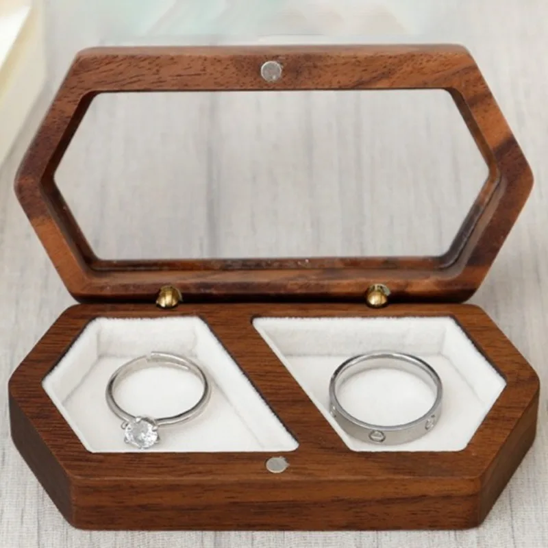 

Деревянная коробка для колец, чехол для хранения обручальных колец, прозрачный акриловый органайзер для ювелирных изделий, мелочи, коробки для демонстрации ювелирных изделий
