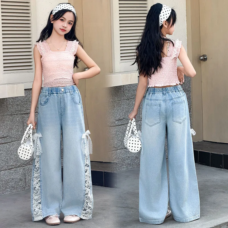 Children Fashion Straight Fit Jeans With Bow Lace on the Sides for Teen Girls Street Denim Pants Kids Summer Wide-leg Trousers