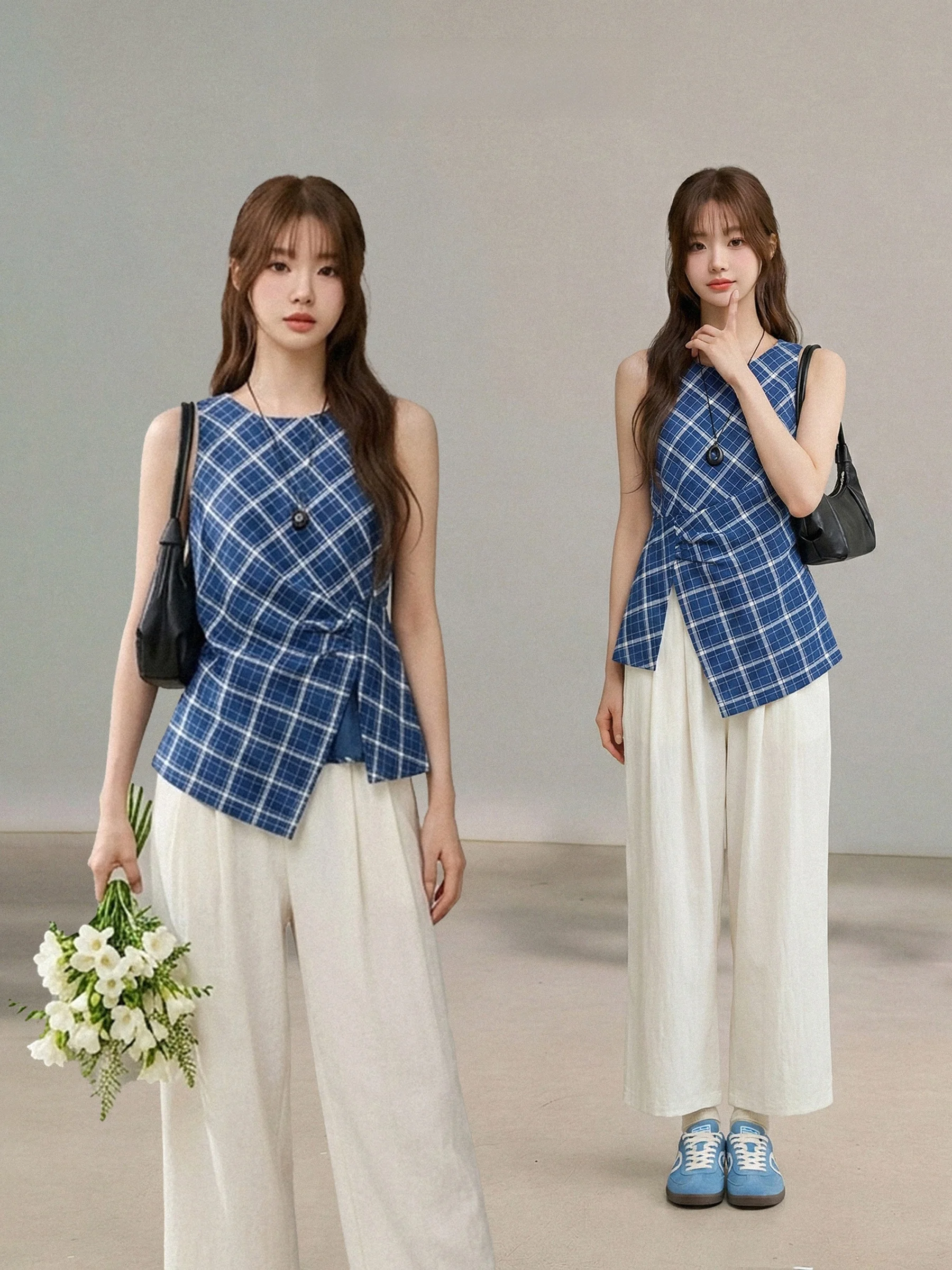 

Slimming Summer Waist-Cut Set Korean Style Vintage Blue Plaid Neck Hanging Vest Wide Leg Pants Two-Piece Set Fashionable Casu...