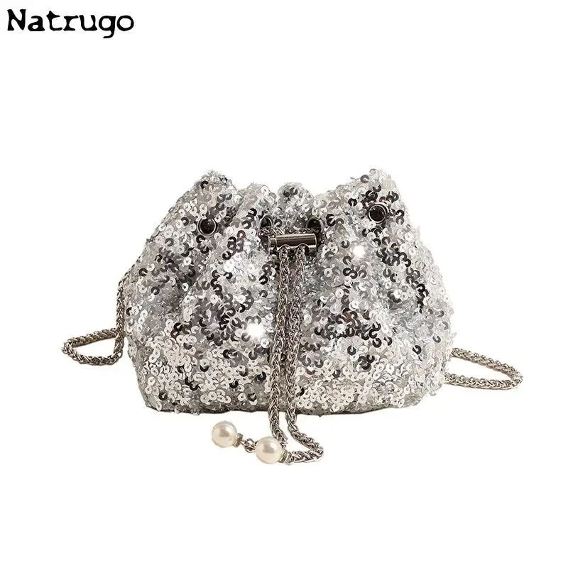 Luxury Banquet Sequin Shoulder Bag Fashion Bucket Shiny Handbags Gold Silver Underarm Chain Crossbody Bags For Women Girl