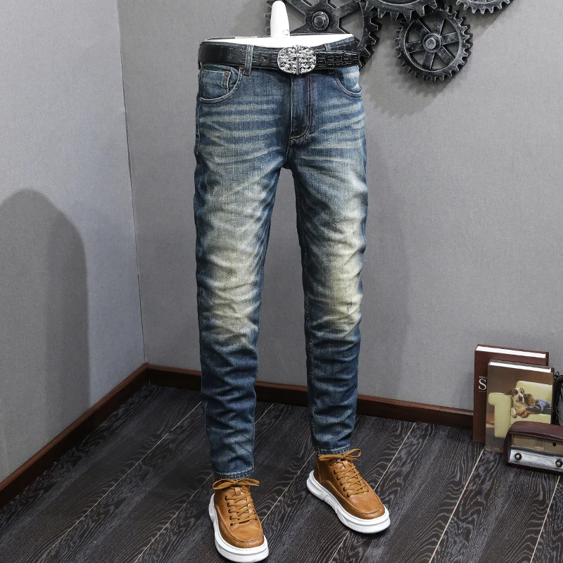 Italian Style Fashion Men Jeans High Quality Retro Blue Slim Fit Ripped Jeans Men Elastic Trousers Vintage Designer Pants Hombre