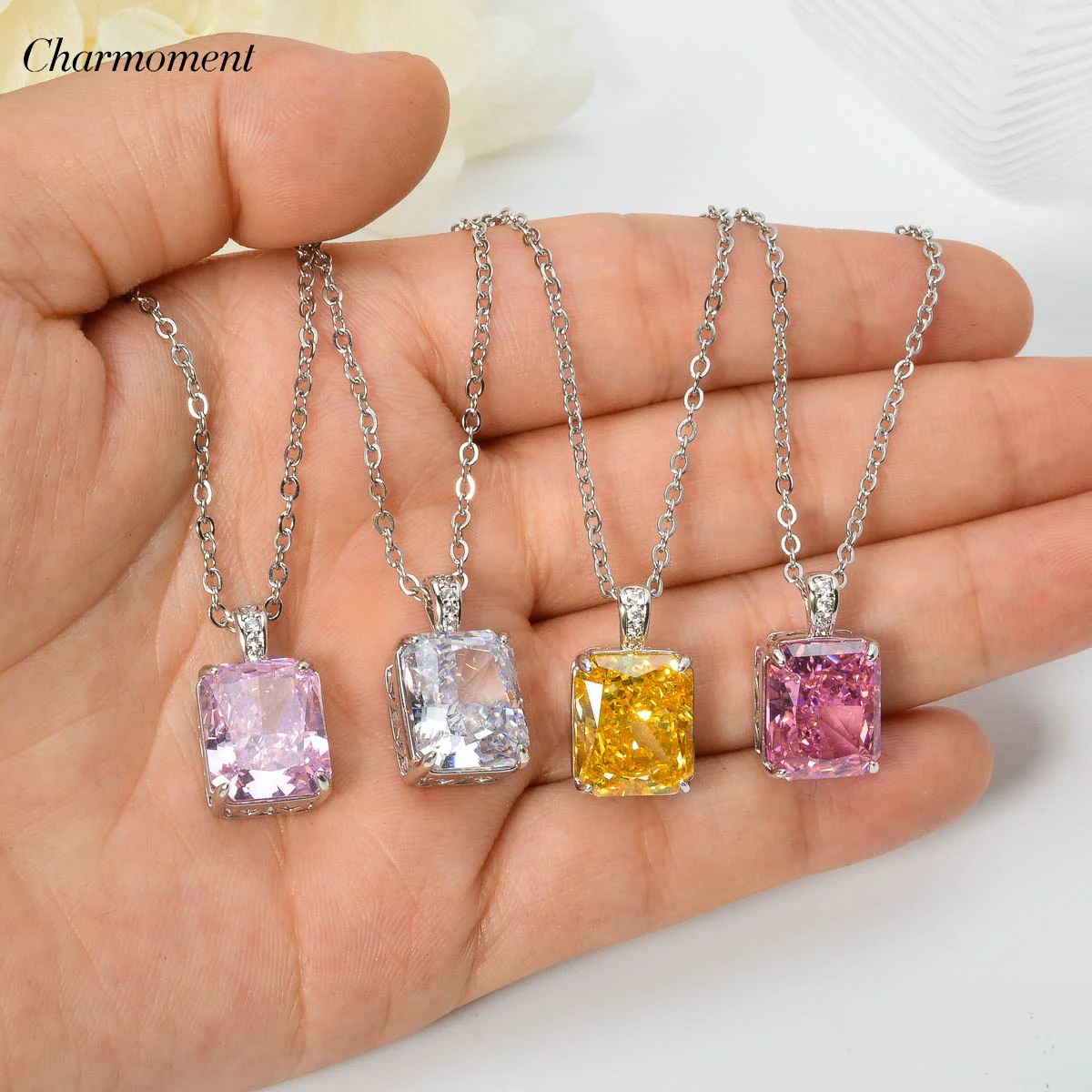 Inlay Zircon Geometric Necklace for Female Sweet Rectangle Colorful Crystal Neck Clavicle chain Choker Girl Party Jewelry Gift