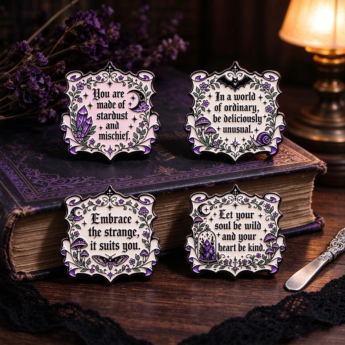 4pcs/Set Gothic Floral Quotes Enamel Pin Purple Witch Moth Bat Brooch Pin For Clothes Backpack Fantasy Lapel Badge Friends Gifts